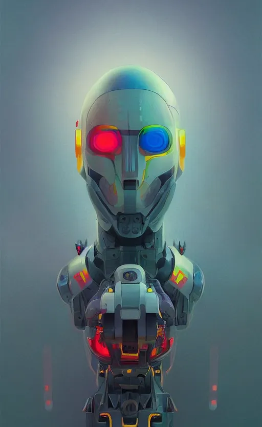 Prompt: upper half portrait of colourful army mecha robot, art by hsiao - ron cheng & zdzisaw beksinski, highly detailed, digital painting, concept art, illustration, smooth sharp focus, intricate, symmetry, artstation,