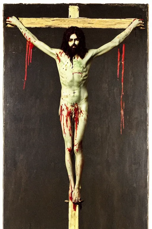Image similar to bloody jesus christ crucified painted by cy twombly and andy warhol