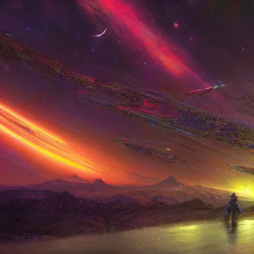 Image similar to Sci-Fi dark nighttime colorful wallpaper of a beautiful landscape art by Donato Giancola and Bayard Wu, digital art, trending on artstation, 4k