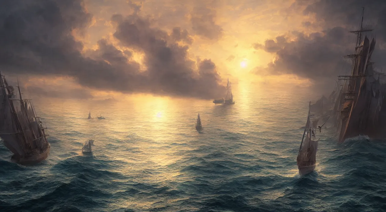 Prompt: hyper realistic detailed matte painting of one fregata ship sailing towards the rising sun, beautiful calm weather, calm foggy ocean, sunset lighting, hyperdetailed unreal engine 8 k ultra hd, stanley artgerm lau, rossdraws, james jean marc simonetti ruan jia and mandy jurgens and artgerm and william illustration, digital art, concept art