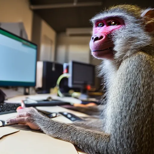 Image similar to a baboon programming, in the office