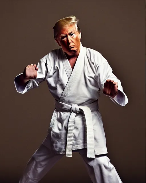 Prompt: Donald Trump practicing karate at the Shaolin temple, photorealistic, studio lighting, photographed in the style of Annie Leibovitz