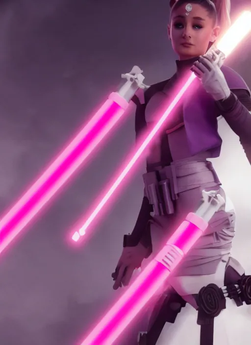 Image similar to An extremely detailed photo of Ariana Grande in the Star Wars universe with two pink lightsabers held in each hand. Maximum detail on artstation, photo realism, vivd details, vivd colour, volumetric lighting. anime art style