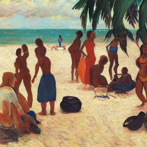 Prompt: A beautiful computer art of a group of people on a beach. The colors are muted and the overall tone is serene. The people are all engaged in different activities, from reading to playing games, and the artwork seems to be capturing a moment of peace and relaxation. by Max Pechstein beautiful