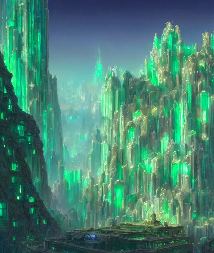 Image similar to a detailed digital painting of a crystalline palace made of gleaming emeralds, by moebius and tyler edlin and lee madgwick, trending on artstation, digital art, 4 k resolution, detailed, beautiful render, octane render, high quality, sharp focus, hq artwork, coherent, insane detail, concept art