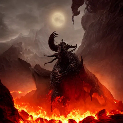Image similar to dark fantasy, movie the lord of the rings, wizard battle with the balrog in fire filled caves, cinematic, octane render, art station, dramatic lighting, beautiful moonlight night, concept art, rococo, photorealistic, intense detail, 8 k