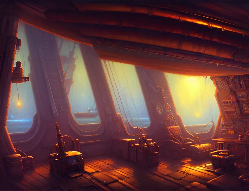 Image similar to interior view in the captain's cabin of a flying ship, d & d planescape fantasy art, artstation contest winner, beautiful digital painting in the style of dan mumford, art by kev chan, volumetric lighting, concept art, speedpainting, fantasypunk, deep colors, cgsociety, by gerald brom, by greg rutkowski, by ruan jia