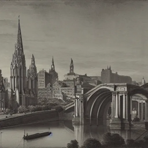 Prompt: a beautiful print of a cityscape with tall spires and delicate bridges. by george tice, by giovanni battista gaulli desaturated, ornate