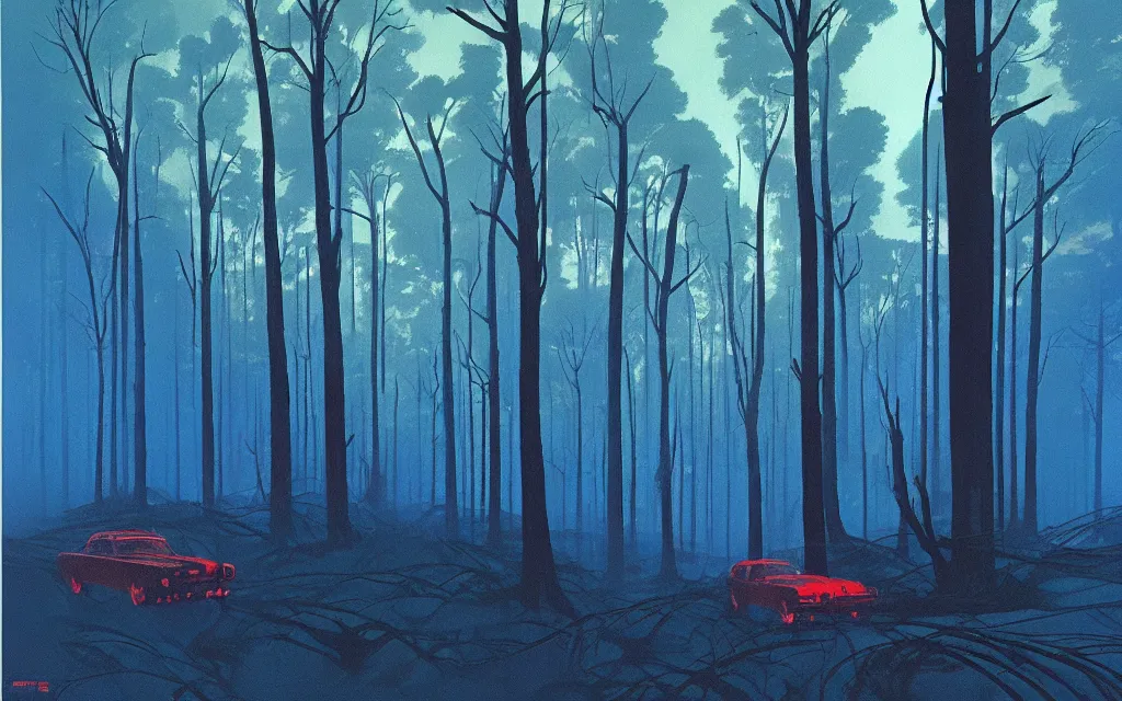 Image similar to red alert in the blue forest, atmospheric, mysterious, mist, high detail, concept art, by syd mead and roger deakins