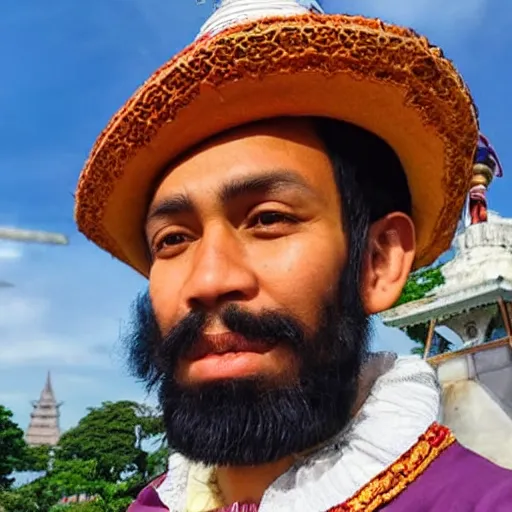 Image similar to ferdinand magellan taking a selfie at rizal park, realistic, shot on an iphone