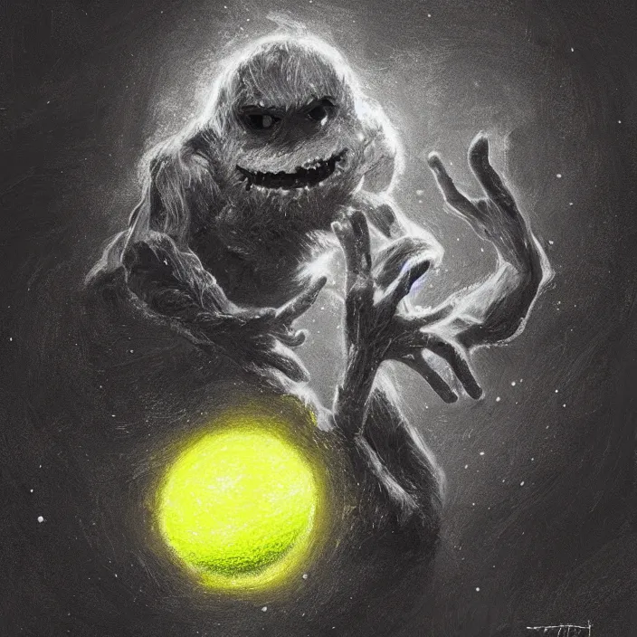 Image similar to cinematic portrait of a cute tennis ball monster in the abyss of space, chalk, masterpiece, trending on artstation, featured on pixiv, cinematic composition, dramatic pose, beautiful lighting, sharp details, hyper - detailed, hd, hdr, 4 k, 8 k, art by basil gogos