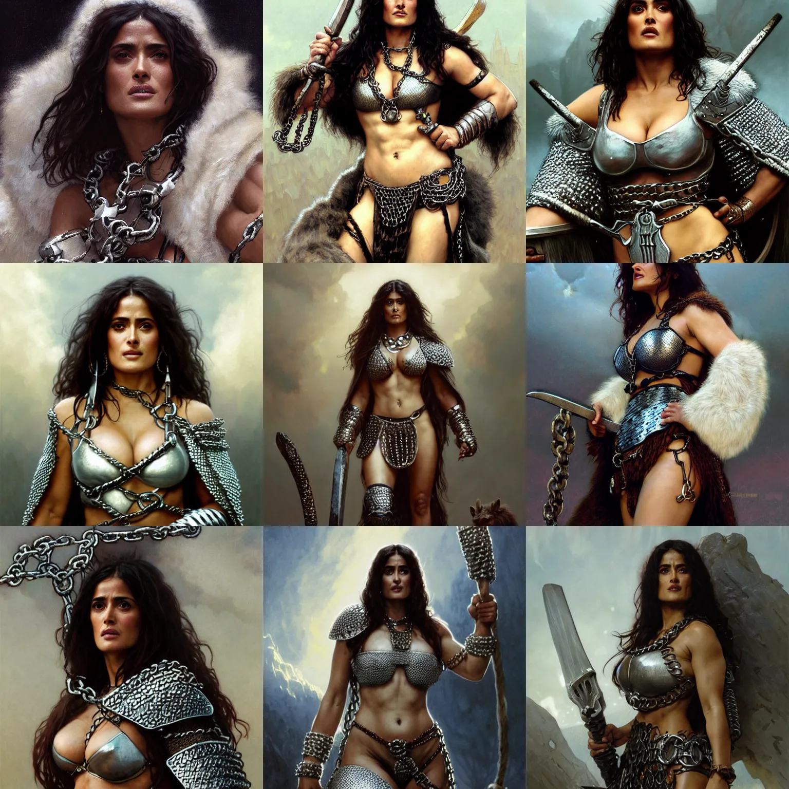 Prompt: portrait of Salma Hayek as a muscled and determined female barbarian clothed in chain mail bikini armor and a white fur cloak, neutral expression, by Greg Rutkowski and John Collier and Krenz Cushart and Artem Demura and Alphonse Mucha and Albert Aublet, as seen on ArtStation, 4k, dungeons and dragons, very aesthetic, very detailed, intricate, unreal, fantasy, dramatic, painterly, artstation, sharp focus, smooth