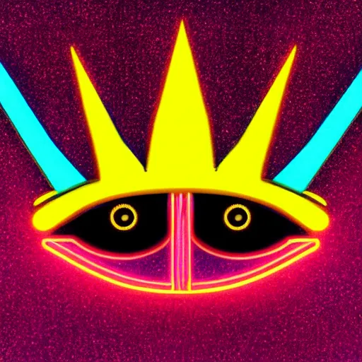 Image similar to a glowing neon crown with a beautiful eye mounted on it, night, psychedelic, bold black lines, flat colors, minimal 1 9 7 0 s poster illustration