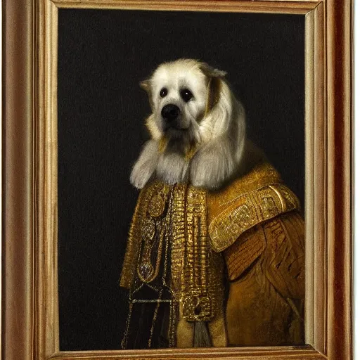 Prompt: white and brown dog (kooiker) depicted as a king, oil on canvas by Rembrandt