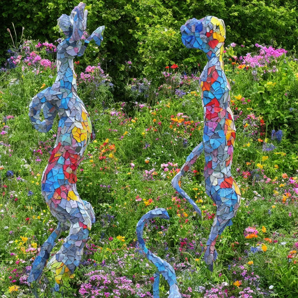 Prompt: folk art garden sculptures in an english cottage garden, cottagecore flower garden, master gardener, concrete sculpture of a kitsune, colorful mosaic, color blocking, sculpture by wouterina de raad!!!, art by james tellen, highly detailed, realistic anatomical proportions, textured hand built concrete sculpture, amazing concrete sculpture, 4 k