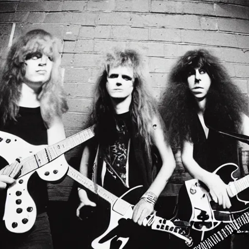 Prompt: Group of 19-year-old women holding electric guitars, long shaggy hair, permed hair, New Wave of British Heavy Metal, heavy metal, band promo photo, Great Britain, 1981 photograph, 16mm photography