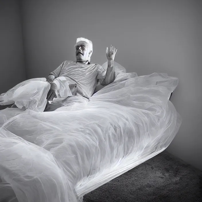 Image similar to a 7 0 year old white haired man lays on a bed, a transparent iridescent figure levitates above him, by favid chipperfield, canon eos c 3 0 0, ƒ 1. 8, 3 5 mm, 8 k, medium - format print