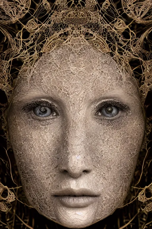 Prompt: cinema 4d render, ultra detailed of a beautiful porcelain old woman face, cracked. biomechanical cyborg, analog, 150 mm lens, beautiful natural soft rim light, big leaves and stems, roots, fine foliage lace, turquoise gold details, Alexander Mcqueen high fashion haute couture, art nouveau fashion embroidered, intricate details, mesh wire, mandelbrot fractal, anatomical, facial muscles, cable wires, elegant, hyper realistic, in front of dark flower pattern wallpaper, ultra detailed, 8k post-production