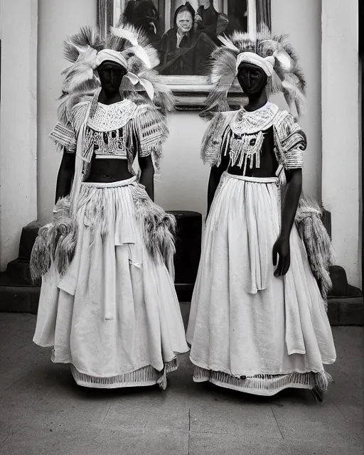 Image similar to Award winning reportage photo of Monegasque Natives traditional garb on museum Manniquins by Dian Arbus, 85mm ND 5, perfect lighting, gelatin silver process