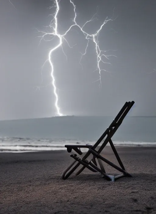 Image similar to a 2 8 mm macro photo of lightning striking a lifeguard chair at the beach, long exposure, misty, night, splash art, movie still, bokeh, canon 5 0 mm, cinematic lighting, dramatic, film, photography, golden hour, depth of field, award - winning, anamorphic lens flare, 8 k, hyper detailed, 3 5 mm film grain