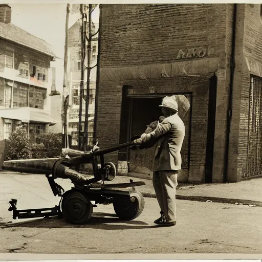 Image similar to photograph of an eldery gentleman towing a howitzer! artillery! with a mobility scooter on a street