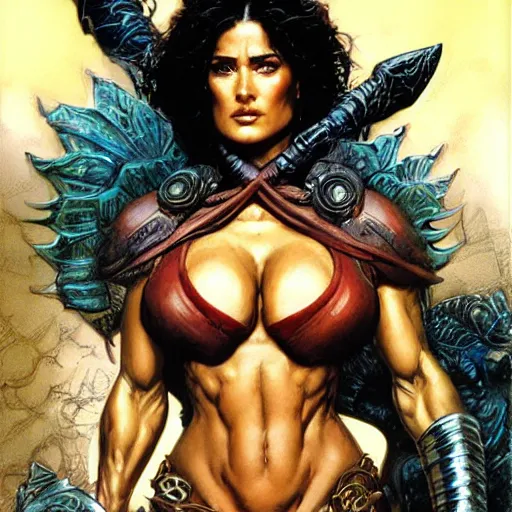 Image similar to muscular beautiful salma hayek wearing armor tombow artwork greg staples , dug stanat, norman rockwell , christophe young eytan zana , rumiko takahashi