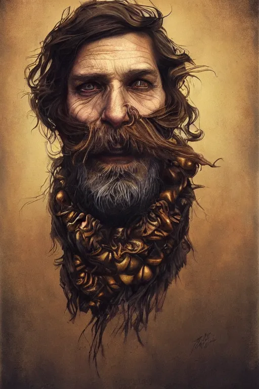 Image similar to full-body portrait of a majestic hobo, brown and gold, rags, beard, missing teeth, by Anato Finnstark, Tom Bagshaw, Brom