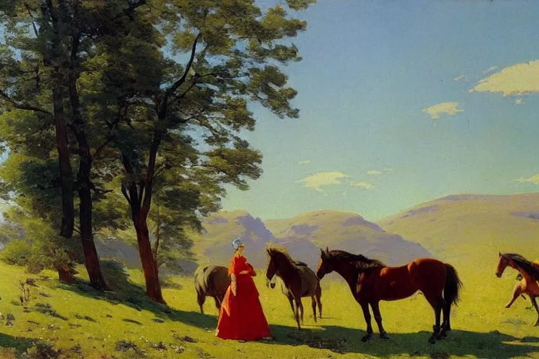 Prompt: scenic mountain meadow with horses and a woman in a long white traditional dress, western oil painting by albert aublet, frederic remington, anna ancher, asher brown durand