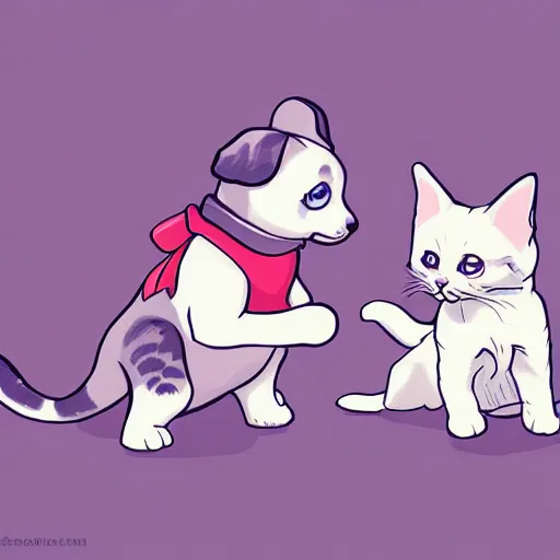 Image similar to The cutest puppy and kitten in the world are playing with each other, higly detailed, ArtStation, high quality, digital illustration