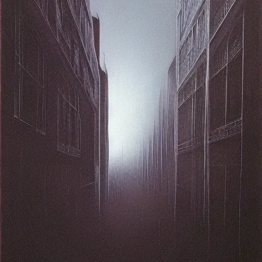 Image similar to Zdzisław Beksiński painting of The City Never Sleeps