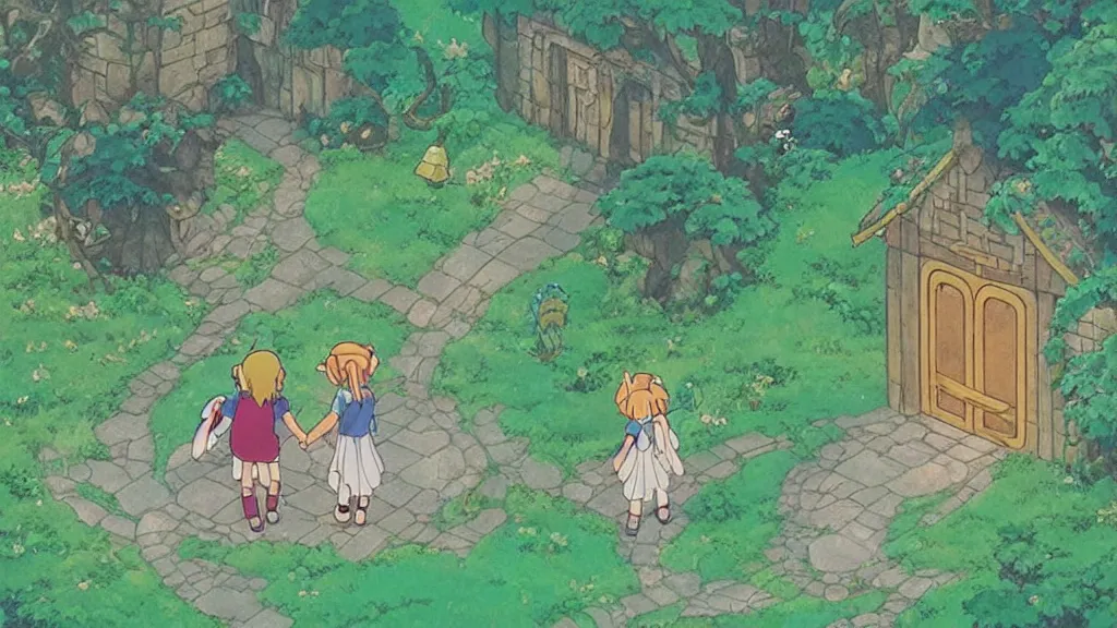 Image similar to simple scene of a 1 9 8 0 s “ studio ghibli ” anime featuring “ link ” with a fairy and princess zelda in “ hyrule ” or in a labyrinth.