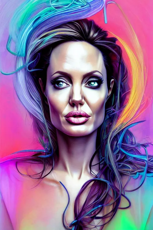 Prompt: a award winning half body portrait of a angelina jolie with stunning eyes in a croptop and cargo pants with rainbow colored hair, outlined by whirling illuminated neon lines and fine lines swirling in circles by jesper ejsing and rhads and makoto and shinkai and lois van baarle, digital art, trending on artstation