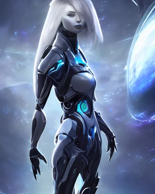 Image similar to perfect android girl on a mothership, warframe armor, beautiful face, scifi, futuristic, galaxy, nebula, raytracing, dreamy, long white hair, blue cyborg eyes, sharp focus, cinematic lighting, highly detailed, artstation, divine, by gauthier leblanc, kazuya takahashi, huifeng huang