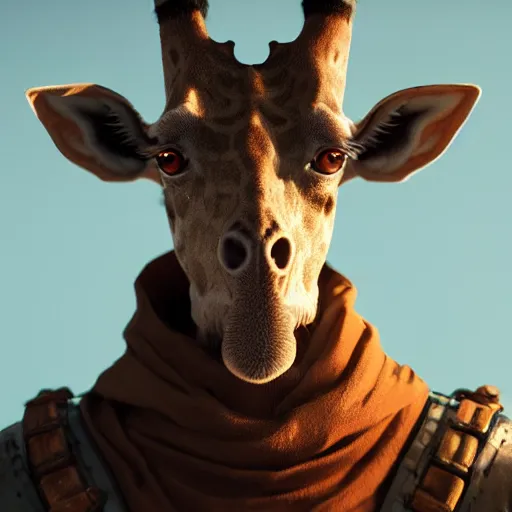 Image similar to a highly detailed portrait of a humanoid giraffe in a blue cloak, adventurer, artstation, deviantart, professional, unreal engine 5, octane render