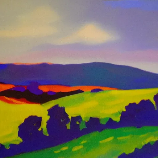 Prompt: landscape acrylic painting on canvas in the style of chris wilmshurst, bold colours