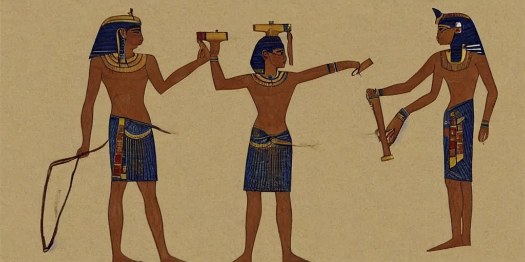 Image similar to Egyptian drawing of a man using a shake weight, ancient, photorealistic