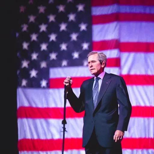 Image similar to stunning awe inspiring george w bush performing at a rap concert, movie still 8 k hdr atmospheric lighting