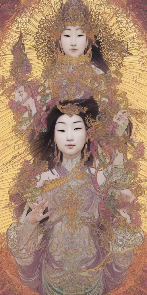 Image similar to beautiful asian face, quan yin goddess of tranquility, hyper detailed, character concept, full body, dynamic pose, intricate, lineart, cerpuscular rays, by yoshitaka amano, alfons mucha, 4k, artstation