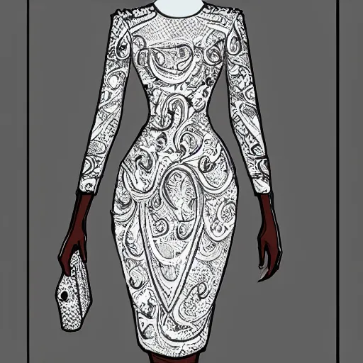 Image similar to sketch design of fashion dress, detailed, unique and stylish