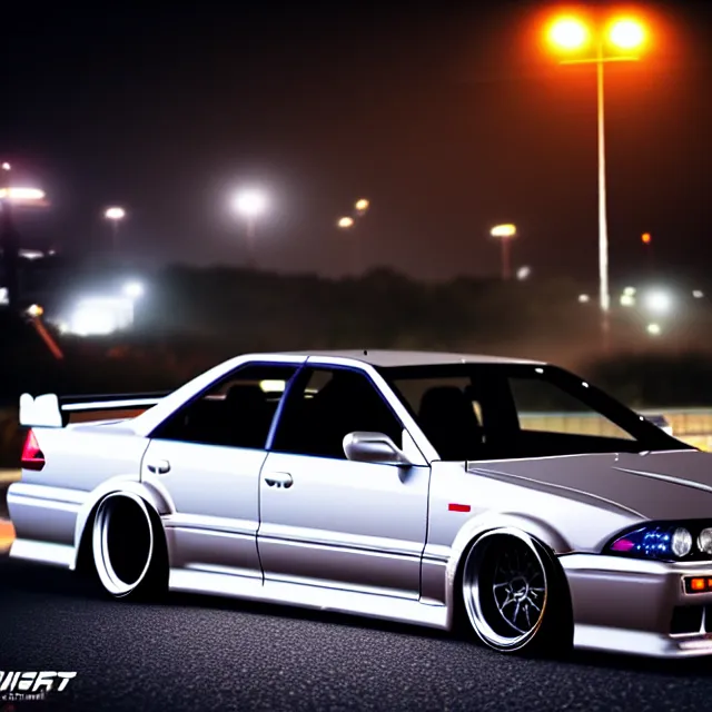 Prompt: a car JZX100 twin turbo drift at illegal car meet, Tochigi prefecture, city midnight mist lights, cinematic lighting, photorealistic, highly detailed wheels, high detail