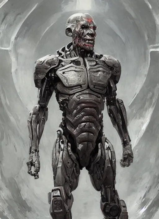 Prompt: willem dafoe as victor stone, full body concept, cyborg, borg, strogg, face of a man, terminator, flesh, quake strogg, doom demon, wolfenstein, monstrous, symmetry, symmetrical, concept art by ruan jia and greg rutkowski