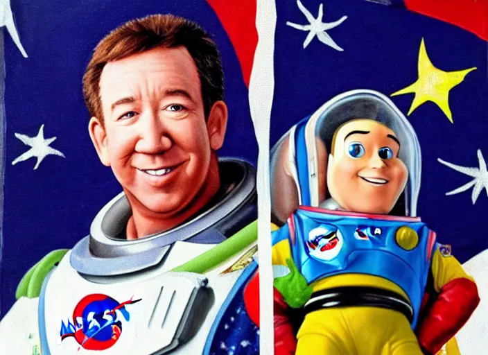 Image similar to painting of tim allen in a nasa space suit with a buzz lightyear doll in his hand in front of an american flag