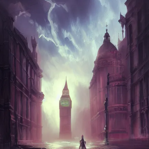 Prompt: 1850's London, dreamscape, dramatic lighting, fantasy art illustration, trending on artstation, Aetherpunk