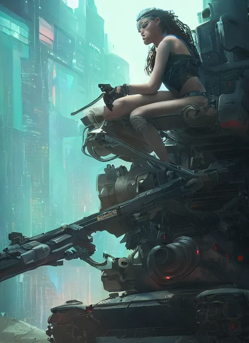 Prompt: portrait of a cyberpunk girl sitting on a tank, d & d, heartstone, digital painting, volumetric light, intricate, sharp, focus, bloom, illustration, highly detailed, concept art, matte, ruan jia, randy vargas, greg rutkowski