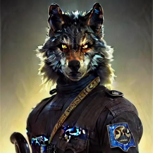 Prompt: portrait painting of a werewolf police officer, d & d, ultra realistic, concept art, intricate details, eerie, highly detailed, photorealistic, octane render, 8 k, unreal engine. art by artgerm and greg rutkowski and magali villeneuve and alphonse mucha