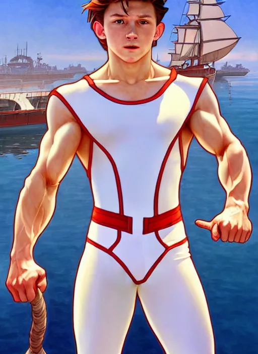 Image similar to muscular cute tom holland wearing white sailor outfit on a steam boat, natural lighting, path traced, highly detailed, high quality, digital painting, by don bluth and ross tran and studio ghibli and alphonse mucha, artgerm