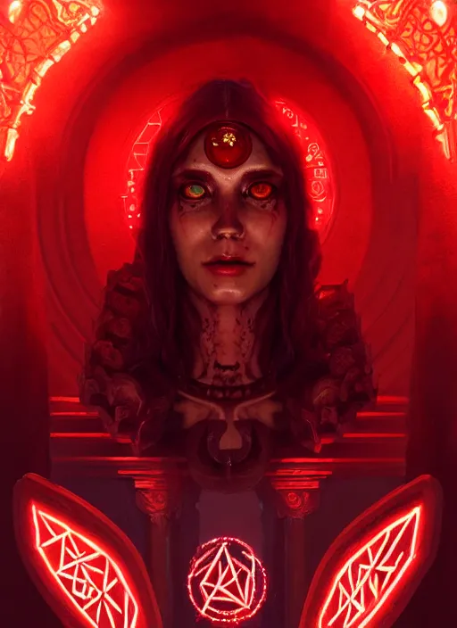 Image similar to portrait of the goddess of blood, bloody glowing runes, evil architecture, portal made of blood, intricate, elegant, glowing lights, highly detailed, digital painting, artstation, concept art, smooth, sharp focus, illustration, art by wlop, mars ravelo and greg rutkowski