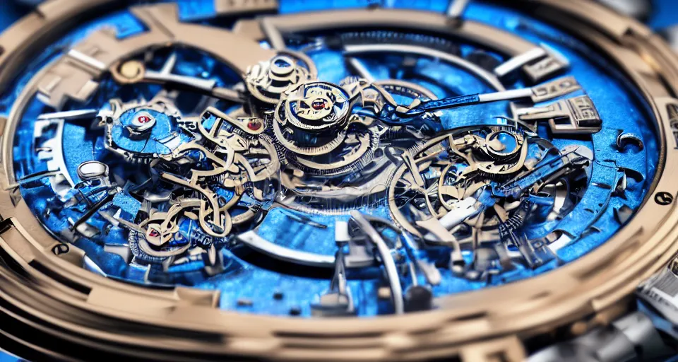Prompt: complex 3 d render of a futuristic steampunk watch lying on a table, high detail, sharp focus, glowing blue interior components, intricate detail, depth of field, bokeh, cinematic lighting and composition, octane render, film grain, ulysse nardin