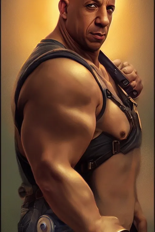 Image similar to vin diesel as mario from super mario bros, realistic portrait, symmetrical, highly detailed, digital painting, artstation, concept art, smooth, sharp focus, illustration, cinematic lighting, art by artgerm and greg rutkowski and alphonse mucha