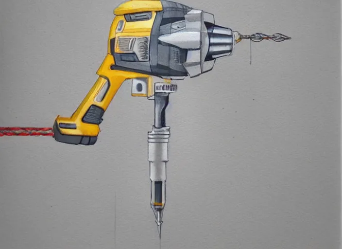 Image similar to concept art of a electril drill tool, pinterest, artstation trending, behance, watercolor, by coby whitmore, silver, laser light,